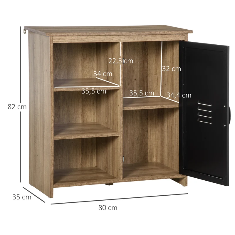 Buffet industriel sur pied 80 x 35 x 82 cm 3 niches utiles et placard style contemporain en panneaux de particules brun 21_0002629