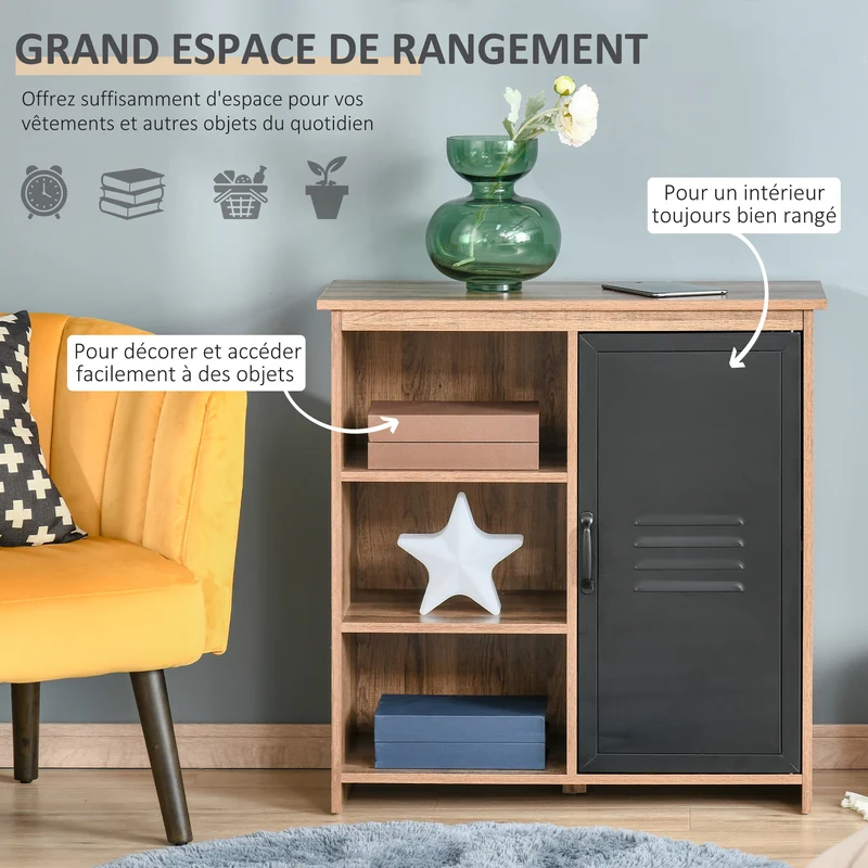 Buffet industriel sur pied 80 x 35 x 82 cm 3 niches utiles et placard style contemporain en panneaux de particules brun 21_0002629