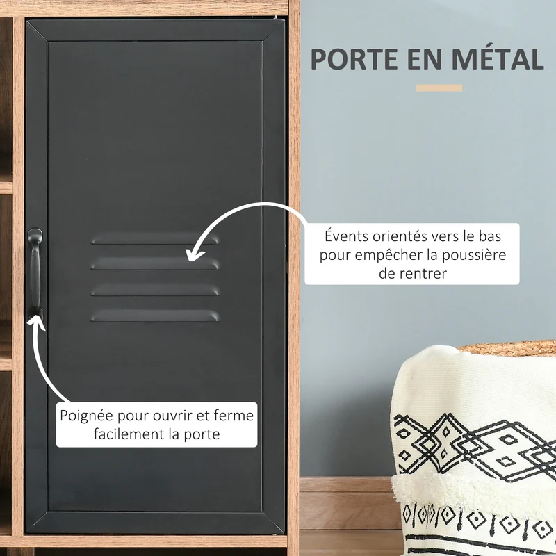 Buffet industriel sur pied 80 x 35 x 82 cm 3 niches utiles et placard style contemporain en panneaux de particules brun 21_0002629