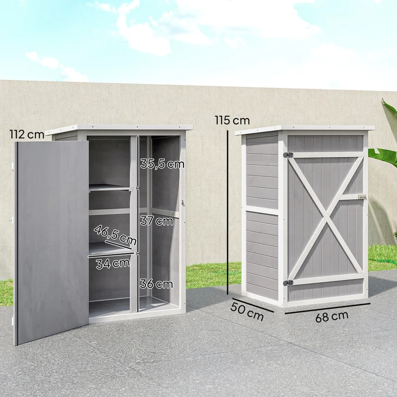 Armoire de jardin pour outils porte verrouillable 75 x 56 x 115 cm 2 étagères style scandinave en bois de sapin gris 21_0004135
