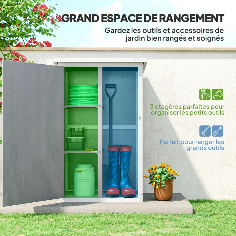 Armoire de jardin pour outils porte verrouillable 75 x 56 x 115 cm 2 étagères style scandinave en bois de sapin gris 21_0004135