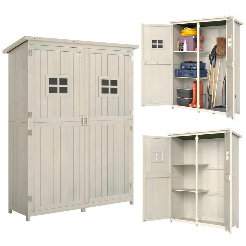 Armoire de jardin extérieure 127.5 x 50 x 164 cm étanche toit incliné protection uv style scandinave épuré en bois gris 21_0004089