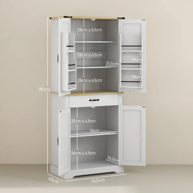 Armoire de cuisine buffet 76,5 x 40 x 181 cm rangement modulable tiroir coulissant moderne contemporain en MDF blanc 21_0003253