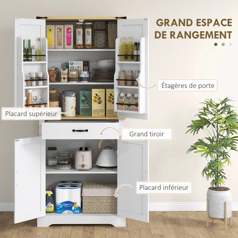 Armoire de cuisine buffet 76,5 x 40 x 181 cm rangement modulable tiroir coulissant moderne contemporain en MDF blanc 21_0003253
