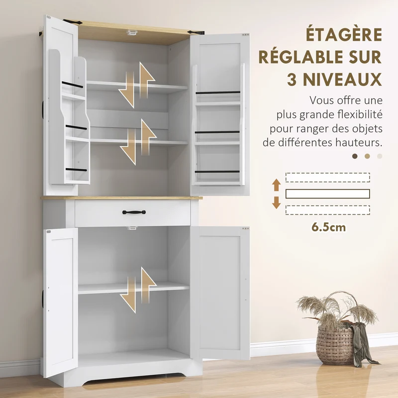 Armoire de cuisine buffet 76,5 x 40 x 181 cm rangement modulable tiroir coulissant moderne contemporain en MDF blanc 21_0003253
