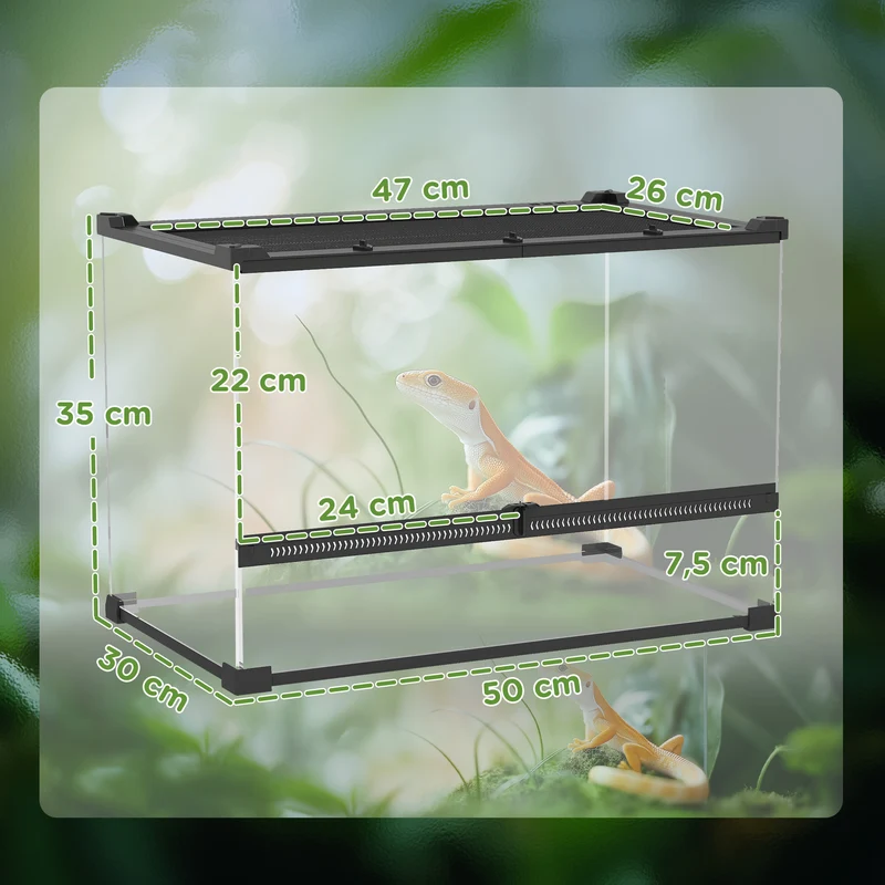 Terrarium pour reptiles panoramique 50 x 30 x 35 cm fermeture sécurisée ventilation design moderne en verre trempé noir 21_0007851