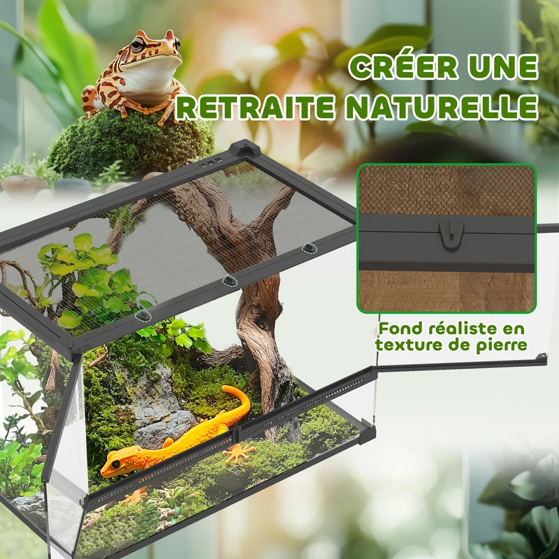 Terrarium pour reptiles panoramique 50 x 30 x 35 cm fermeture sécurisée ventilation design moderne en verre trempé noir 21_0007851