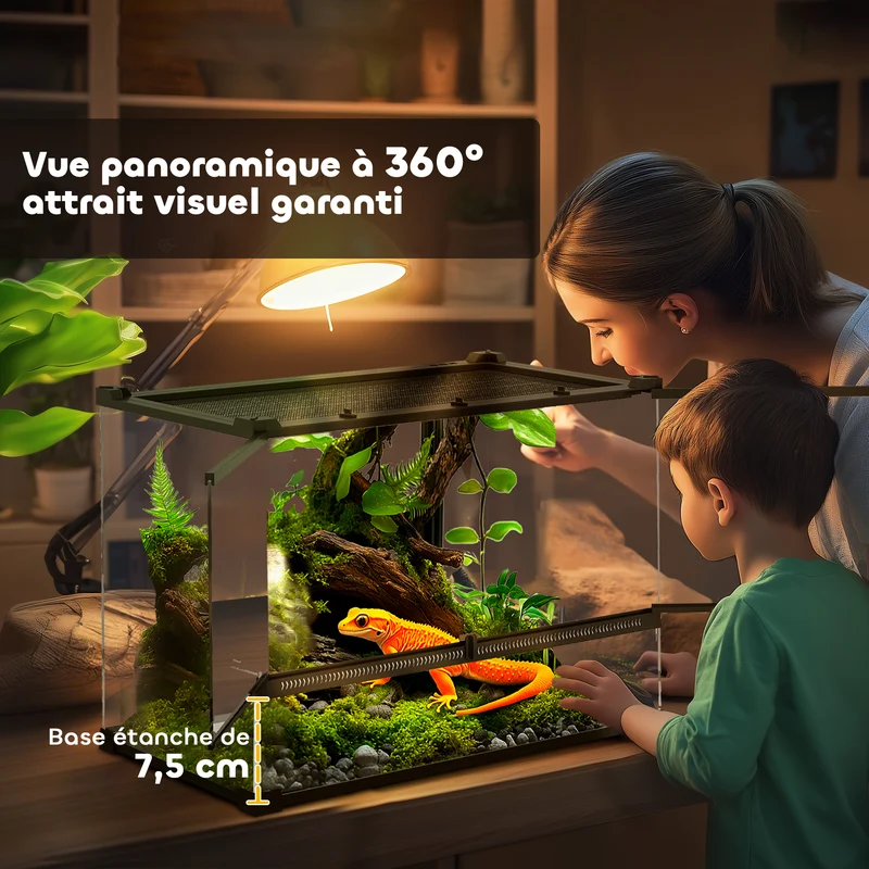 Terrarium pour reptiles panoramique 50 x 30 x 35 cm fermeture sécurisée ventilation design moderne en verre trempé noir 21_0007851