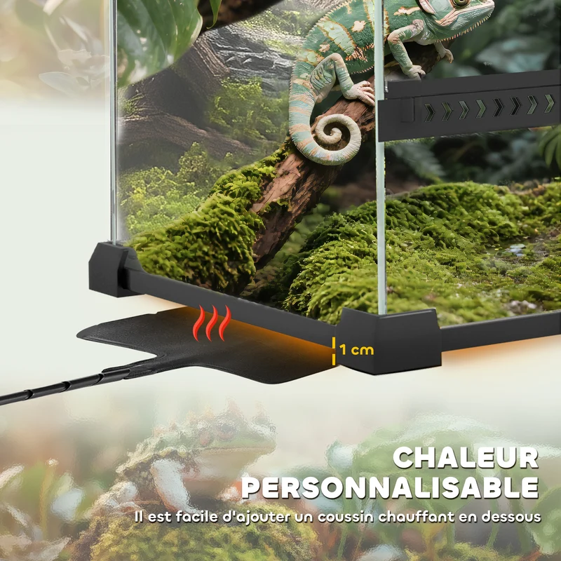 Terrarium pour reptiles panoramique 50 x 30 x 35 cm fermeture sécurisée ventilation design moderne en verre trempé noir 21_0007851