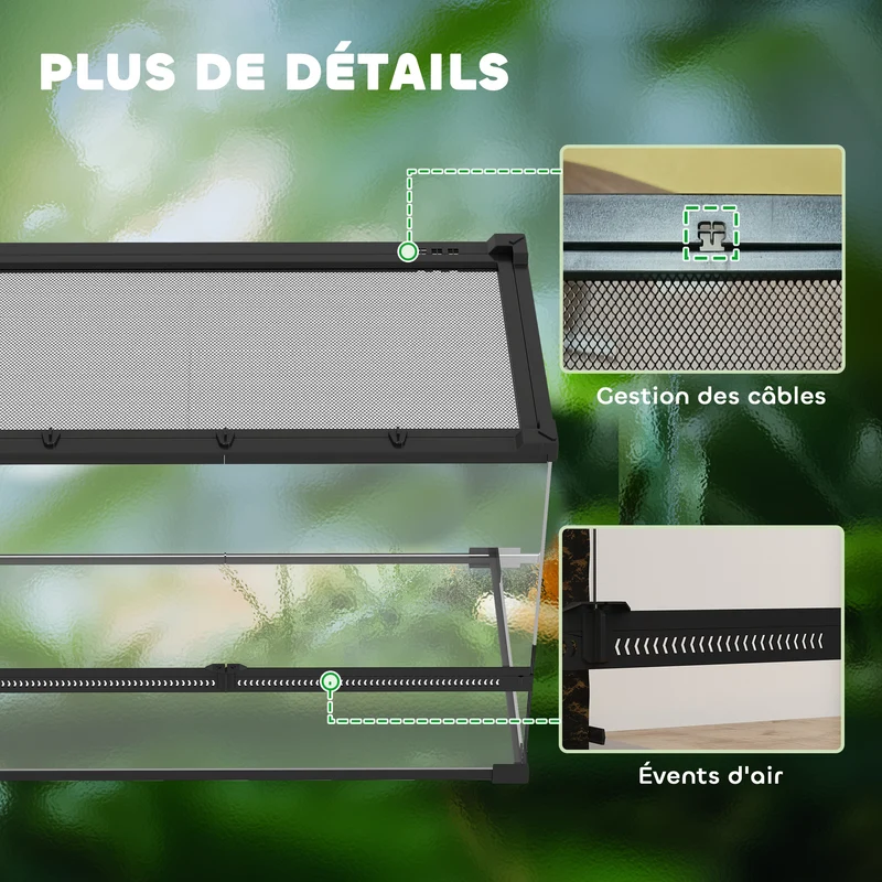 Terrarium pour reptiles panoramique 50 x 30 x 35 cm fermeture sécurisée ventilation design moderne en verre trempé noir 21_0007851