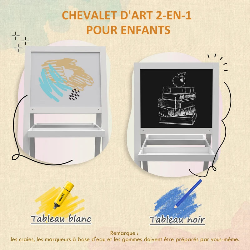Tableau chevalet enfant 2 en 1 ardoise magnétique double face 54 x 48 x 88 cm rangement éducatif scandinave en MDF blanc 21_0000701