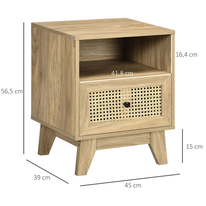 Table de chevet compacte 45 x 39 x 56,5 cm rangement tiroir et niche épuré style vintage pieds fins cosy en MDF naturel 21_0001533