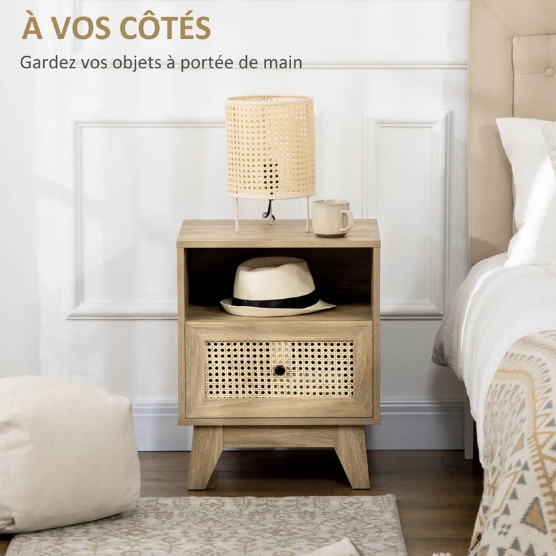 Table de chevet compacte 45 x 39 x 56,5 cm rangement tiroir et niche épuré style vintage pieds fins cosy en MDF naturel 21_0001533