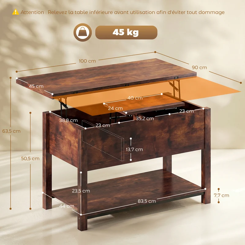 Table basse relevable salon 100 x 45 x 50,5 cm rangement caché plateau double silencieux moderne en MDF brun rustique 21_0003593