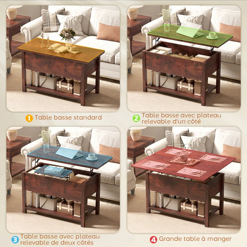 Table basse relevable salon 100 x 45 x 50,5 cm rangement caché plateau double silencieux moderne en MDF brun rustique 21_0003593