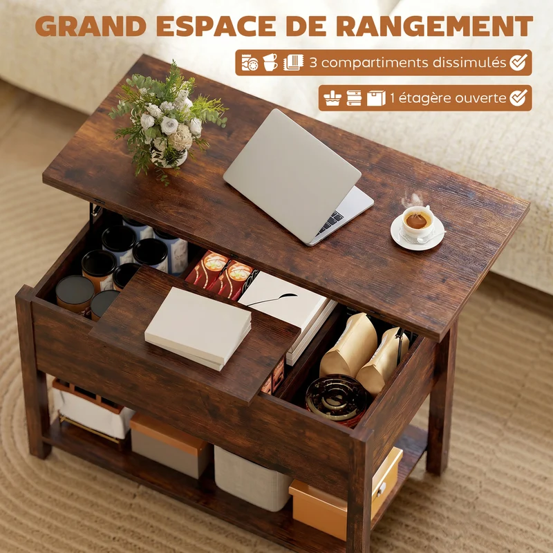Table basse relevable salon 100 x 45 x 50,5 cm rangement caché plateau double silencieux moderne en MDF brun rustique 21_0003593