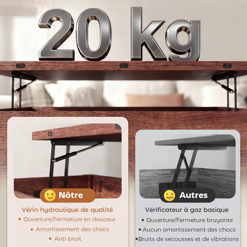 Table basse relevable salon 100 x 45 x 50,5 cm rangement caché plateau double silencieux moderne en MDF brun rustique 21_0003593