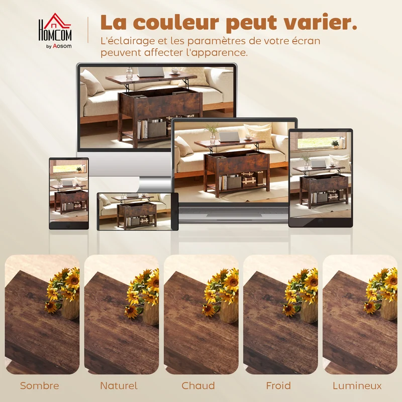Table basse relevable salon 100 x 45 x 50,5 cm rangement caché plateau double silencieux moderne en MDF brun rustique 21_0003593