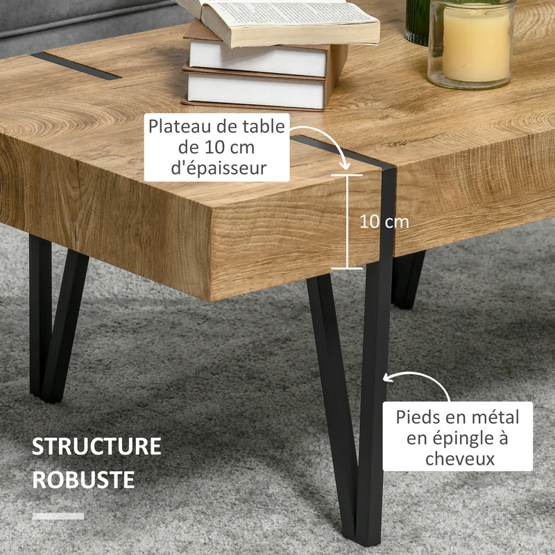 Table basse rectangulaire salon 105 x 60 x 42 cm 3 niches rangement robuste style industriel vintage compact en MDF noir 21_0003040