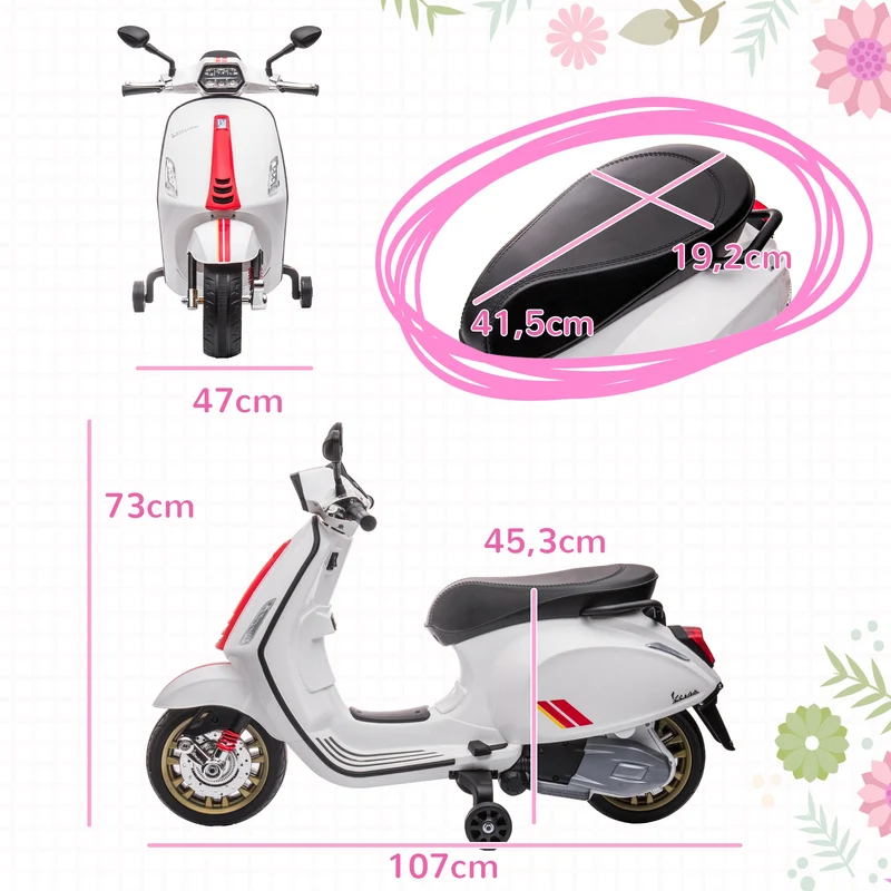 Scooter électrique pour enfant 107 x 47 x 73 cm musique et port usb stabilité assurée design contemporain en PP blanc 21_0000573