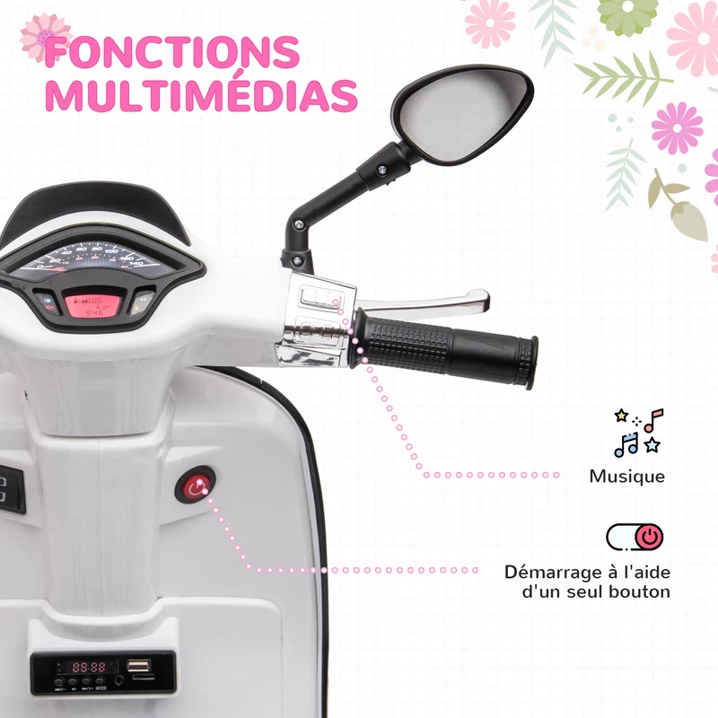 Scooter électrique pour enfant 107 x 47 x 73 cm musique et port usb stabilité assurée design contemporain en PP blanc 21_0000573