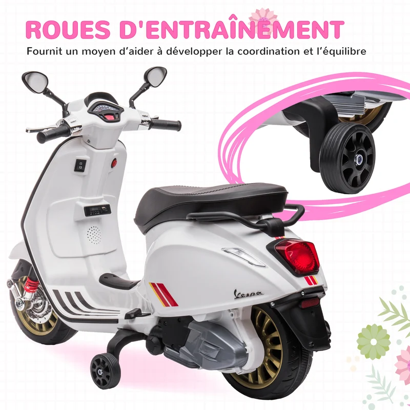 Scooter électrique pour enfant 107 x 47 x 73 cm musique et port usb stabilité assurée design contemporain en PP blanc 21_0000573