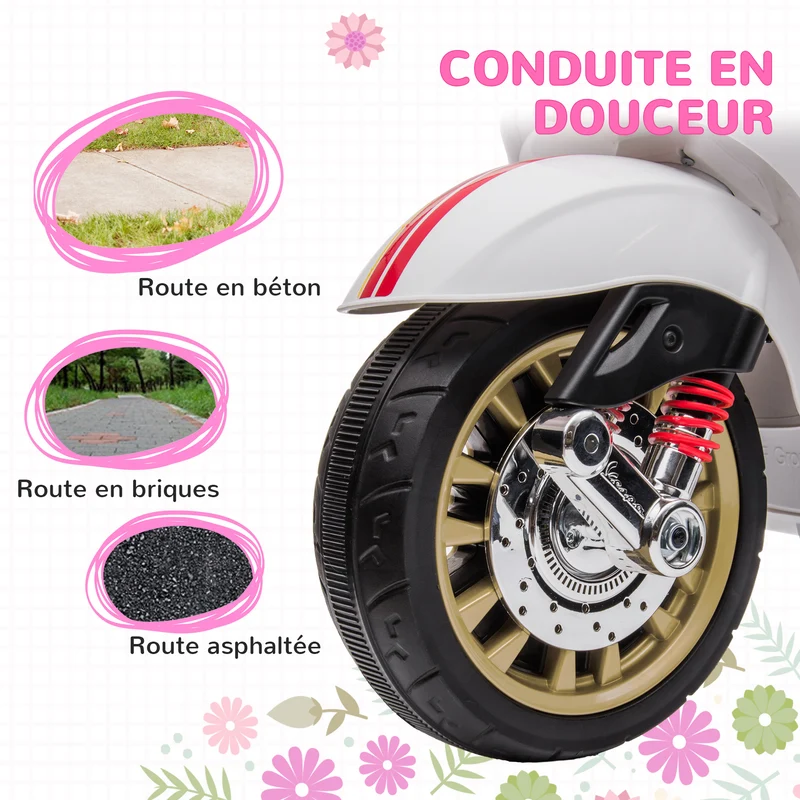Scooter électrique pour enfant 107 x 47 x 73 cm musique et port usb stabilité assurée design contemporain en PP blanc 21_0000573