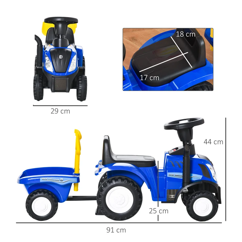 Porteur tracteur enfant 91 x 29 x 44 cm grand coffre amovible avec phares lumineux et klaxon design tendance en PP bleu 21_0000493