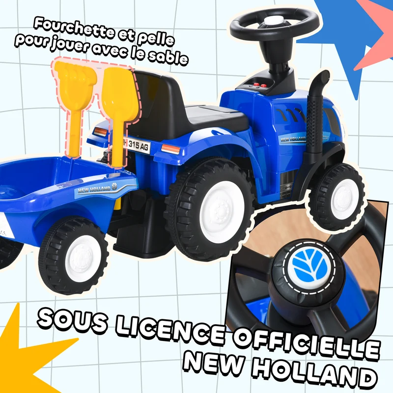 Porteur tracteur enfant 91 x 29 x 44 cm grand coffre amovible avec phares lumineux et klaxon design tendance en PP bleu 21_0000493