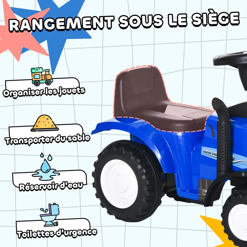 Porteur tracteur enfant 91 x 29 x 44 cm grand coffre amovible avec phares lumineux et klaxon design tendance en PP bleu 21_0000493