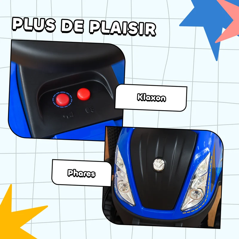 Porteur tracteur enfant 91 x 29 x 44 cm grand coffre amovible avec phares lumineux et klaxon design tendance en PP bleu 21_0000493