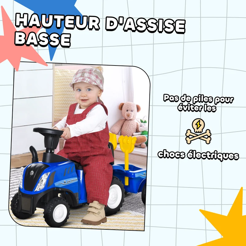 Porteur tracteur enfant 91 x 29 x 44 cm grand coffre amovible avec phares lumineux et klaxon design tendance en PP bleu 21_0000493