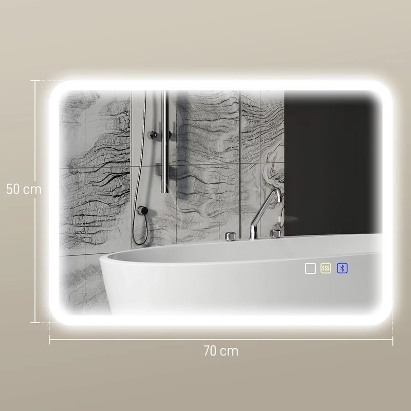 Miroir salle de bain mural lumineux 70 x 50 x 3,5 cm anti-buée haut-parleur ip44 design moderne en verre trempé argenté 21_0002090