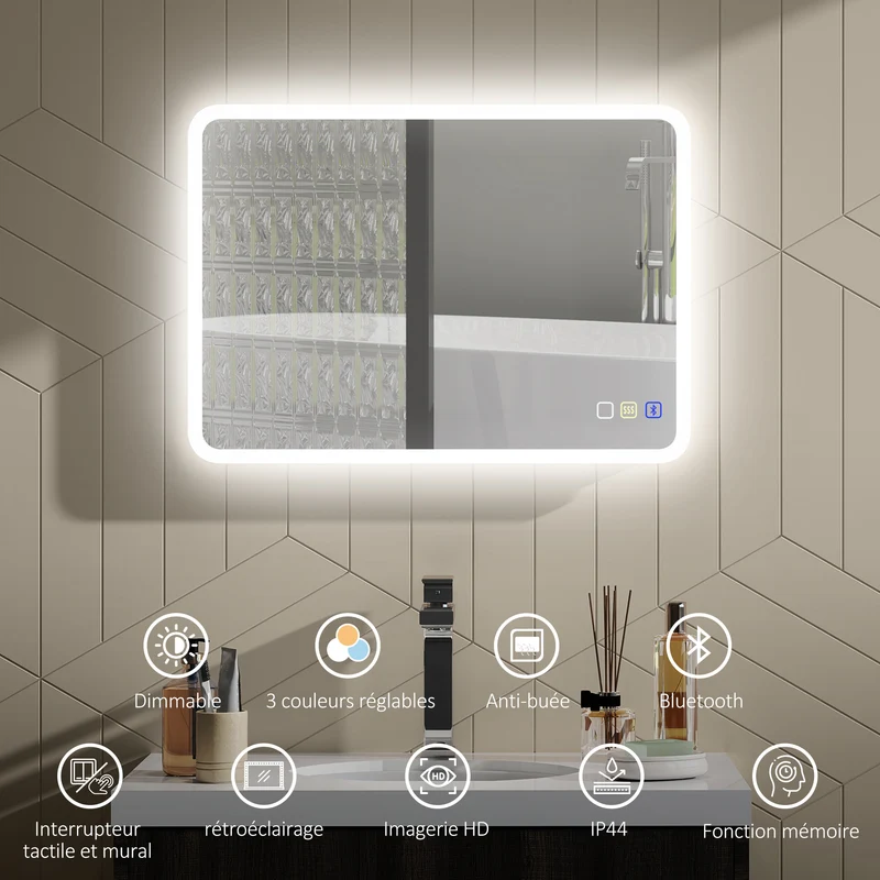 Miroir salle de bain mural lumineux 70 x 50 x 3,5 cm anti-buée haut-parleur ip44 design moderne en verre trempé argenté 21_0002090