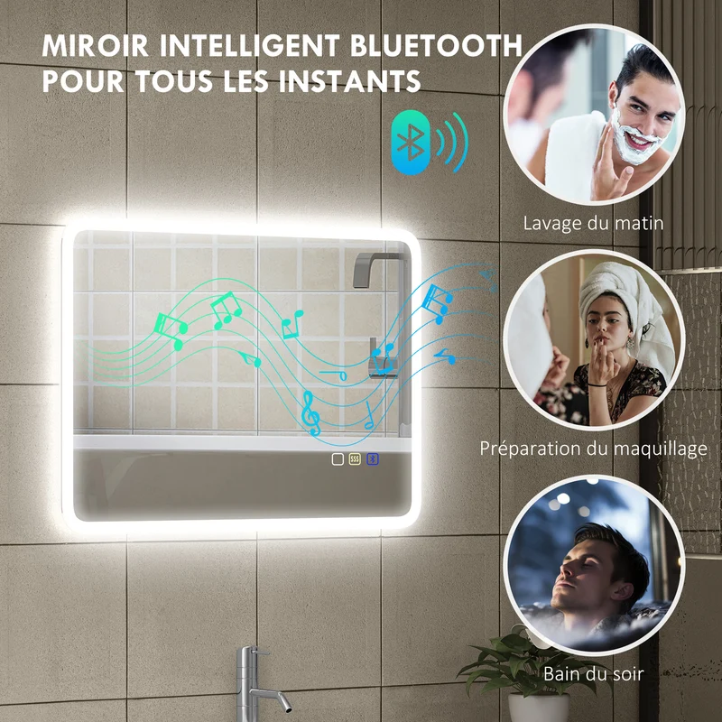 Miroir salle de bain mural lumineux 70 x 50 x 3,5 cm anti-buée haut-parleur ip44 design moderne en verre trempé argenté 21_0002090
