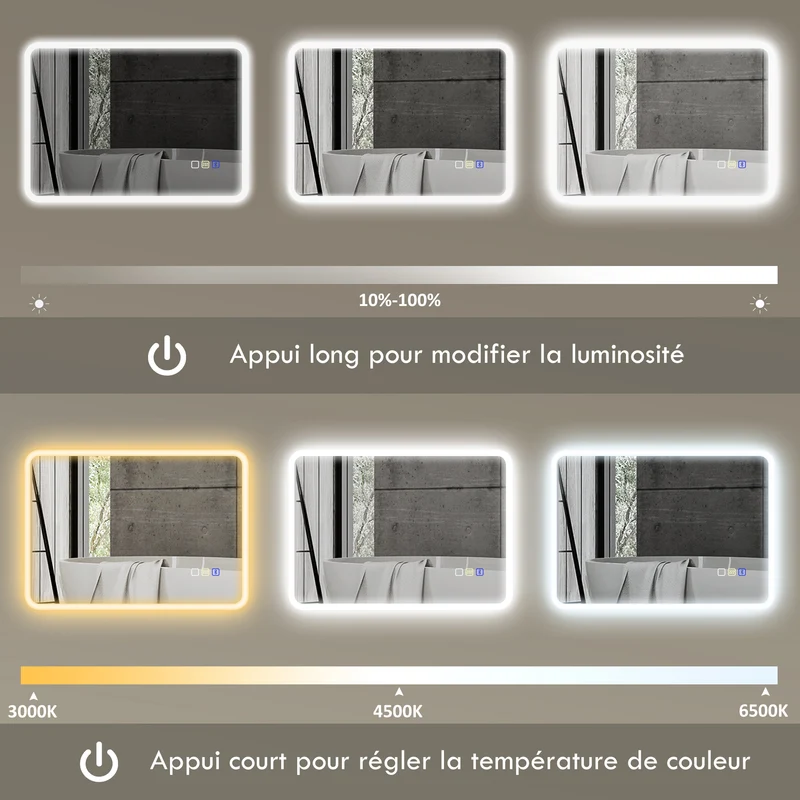 Miroir salle de bain mural lumineux 70 x 50 x 3,5 cm anti-buée haut-parleur ip44 design moderne en verre trempé argenté 21_0002090