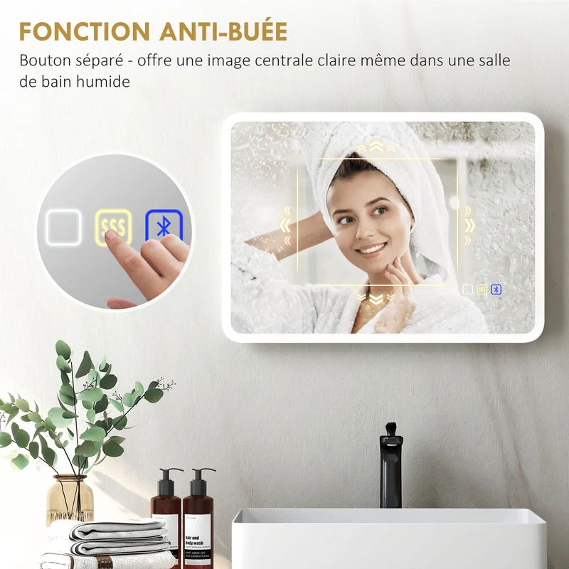 Miroir salle de bain mural lumineux 70 x 50 x 3,5 cm anti-buée haut-parleur ip44 design moderne en verre trempé argenté 21_0002090