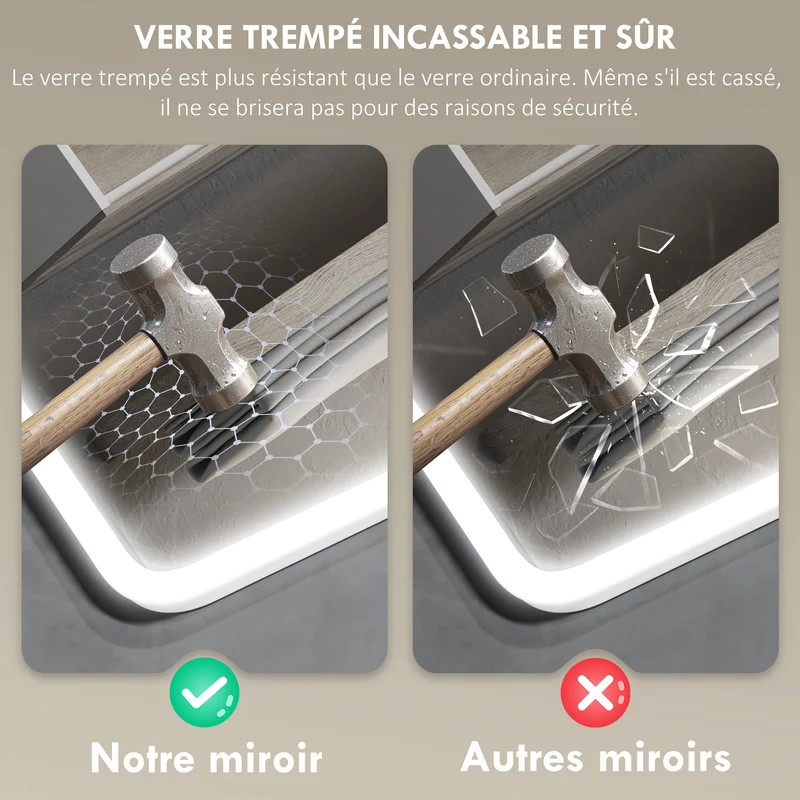 Miroir salle de bain mural lumineux 70 x 50 x 3,5 cm anti-buée haut-parleur ip44 design moderne en verre trempé argenté 21_0002090