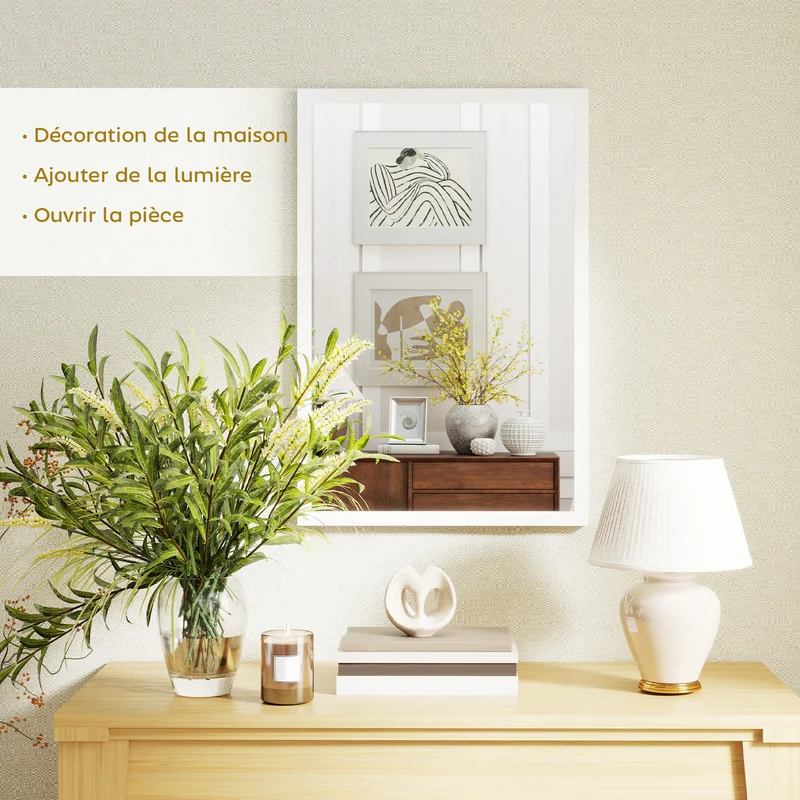 Miroir mural rectangulaire 60 x 40 cm illumine et se fixe horizontalement ou verticalement moderne épuré en MDF blanc 21_0001355