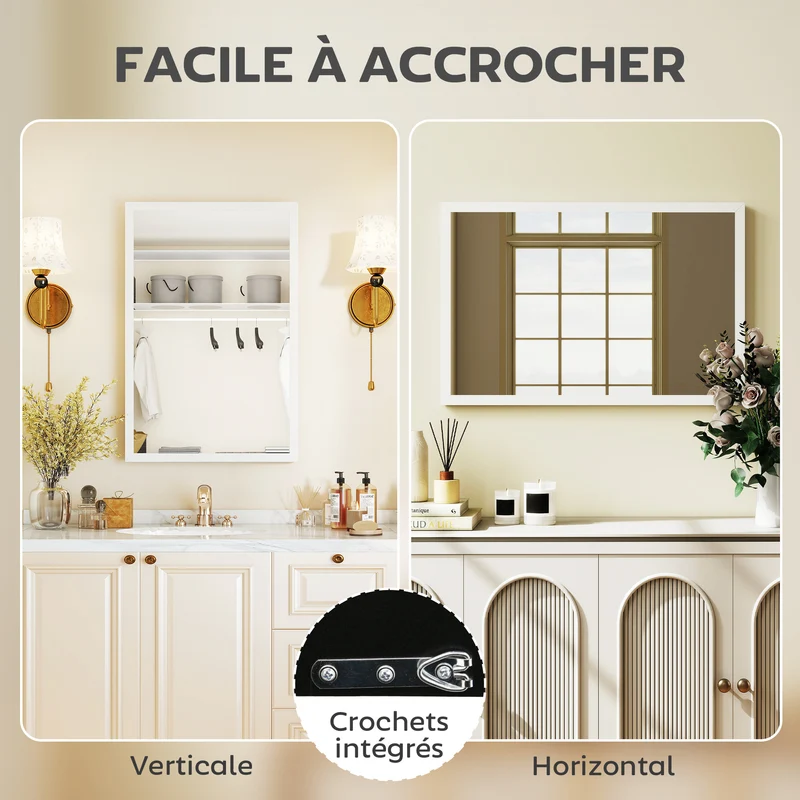 Miroir mural rectangulaire 60 x 40 cm illumine et se fixe horizontalement ou verticalement moderne épuré en MDF blanc 21_0001355
