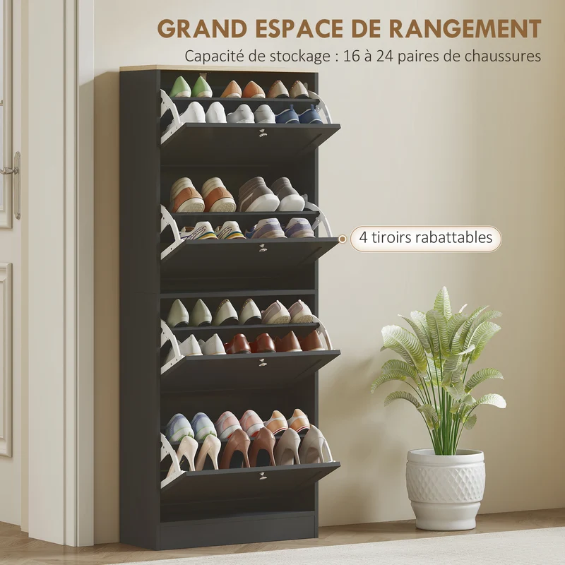 Meuble à chaussures étroit 60 x 23,5 x 153,3 cm compact étagères réglables moderne épuré en panneau de particules noir 21_0002681