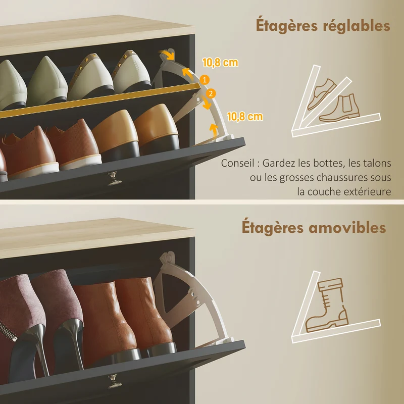 Meuble à chaussures étroit 60 x 23,5 x 153,3 cm compact étagères réglables moderne épuré en panneau de particules noir 21_0002681