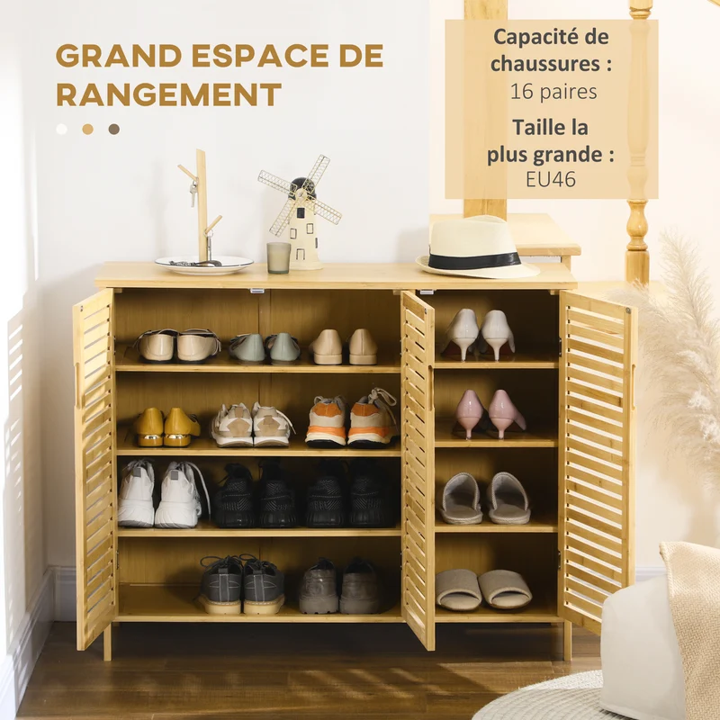 Meuble à chaussures entrée dressing 100 x 35 x 80 cm rangement 16 paires sécurisé naturel épuré en bambou bois naturel 21_0002666