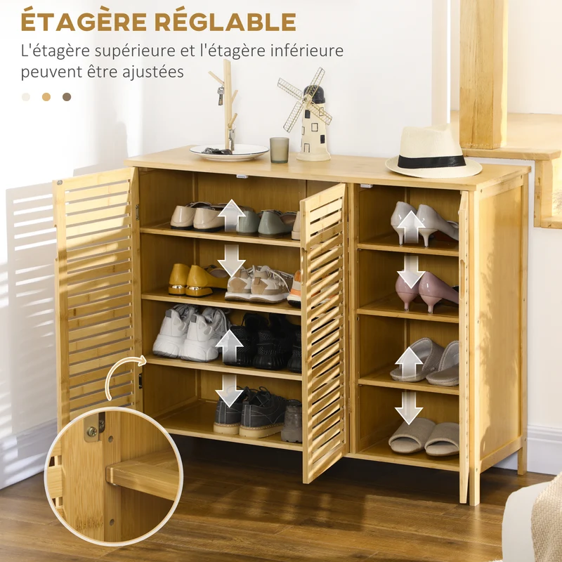 Meuble à chaussures entrée dressing 100 x 35 x 80 cm rangement 16 paires sécurisé naturel épuré en bambou bois naturel 21_0002666