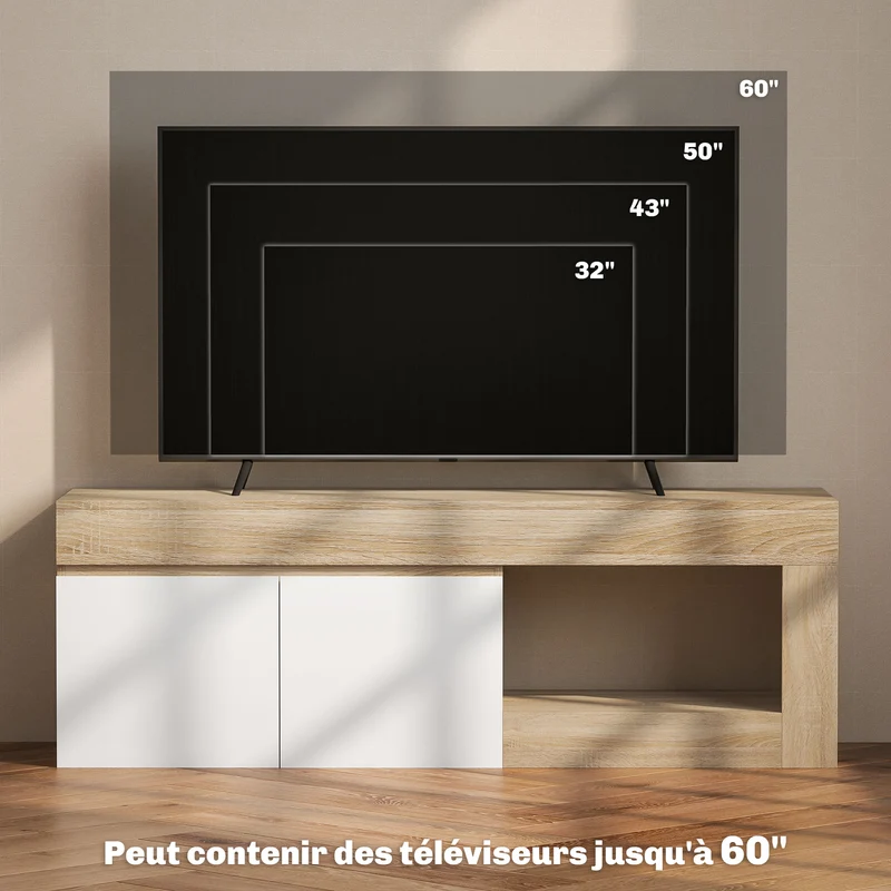 Meuble télé pour salon 140 x 40 x 48 cm portes sans poignée et étagère ouverte moderne en panneau de particules blanc 21_0003454