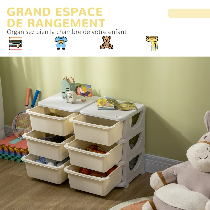 Meuble de rangement pour enfant 3 niveaux 75 x 37 x 56,5 cm 6 tiroirs amovibles bords arrondis moderne épuré en PP crème 21_0000148