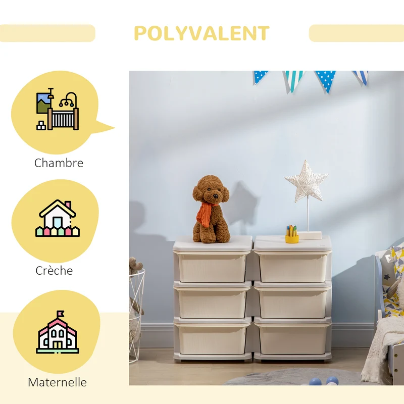 Meuble de rangement pour enfant 3 niveaux 75 x 37 x 56,5 cm 6 tiroirs amovibles bords arrondis moderne épuré en PP crème 21_0000148