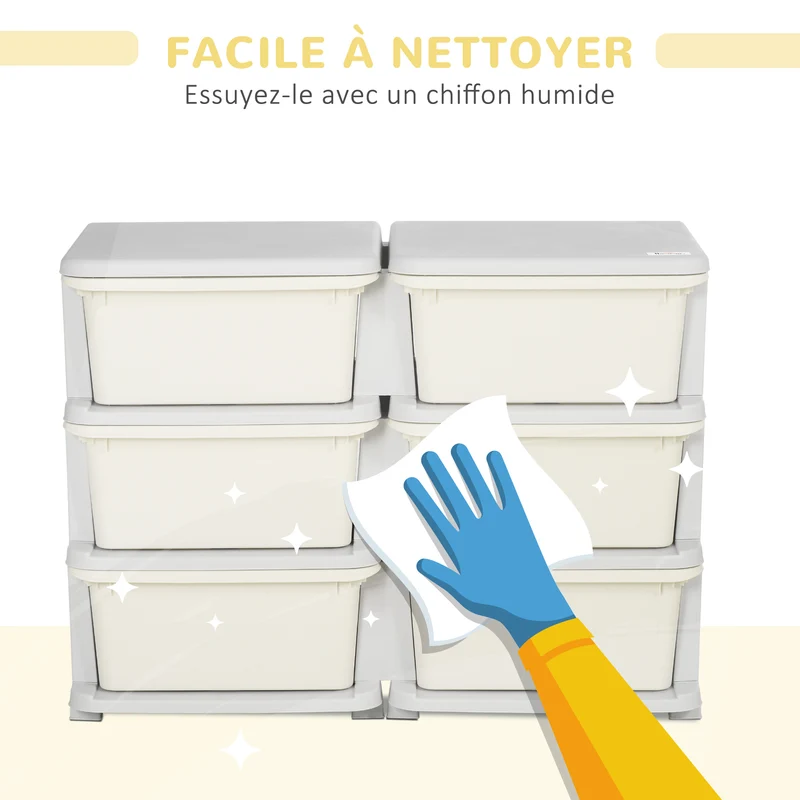 Meuble de rangement pour enfant 3 niveaux 75 x 37 x 56,5 cm 6 tiroirs amovibles bords arrondis moderne épuré en PP crème 21_0000148