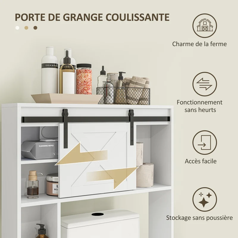 Meuble de rangement au-dessus des toilettes 80 x 17 x 128 cm porte coulissante étagères réglables moderne en MDF blanc 21_0002056