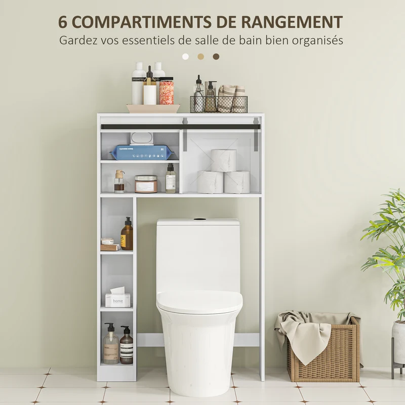 Meuble de rangement au-dessus des toilettes 80 x 17 x 128 cm porte coulissante étagères réglables moderne en MDF blanc 21_0002056